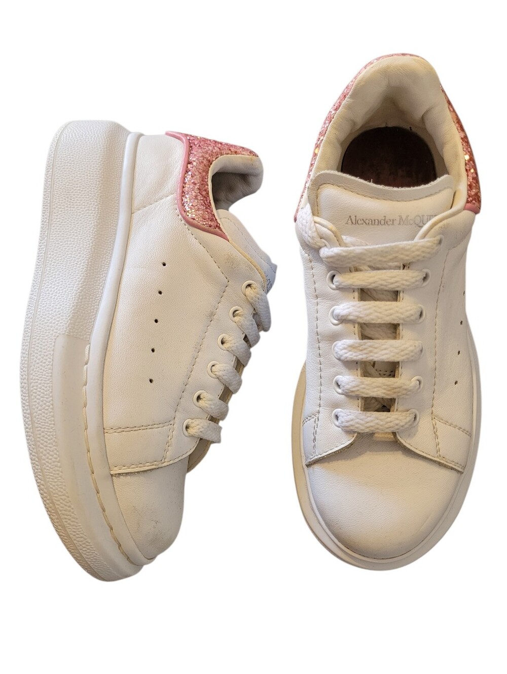Alexander McQueen White Leather Pink Glitter Classic Sneakers Girls 13.5 Luxury